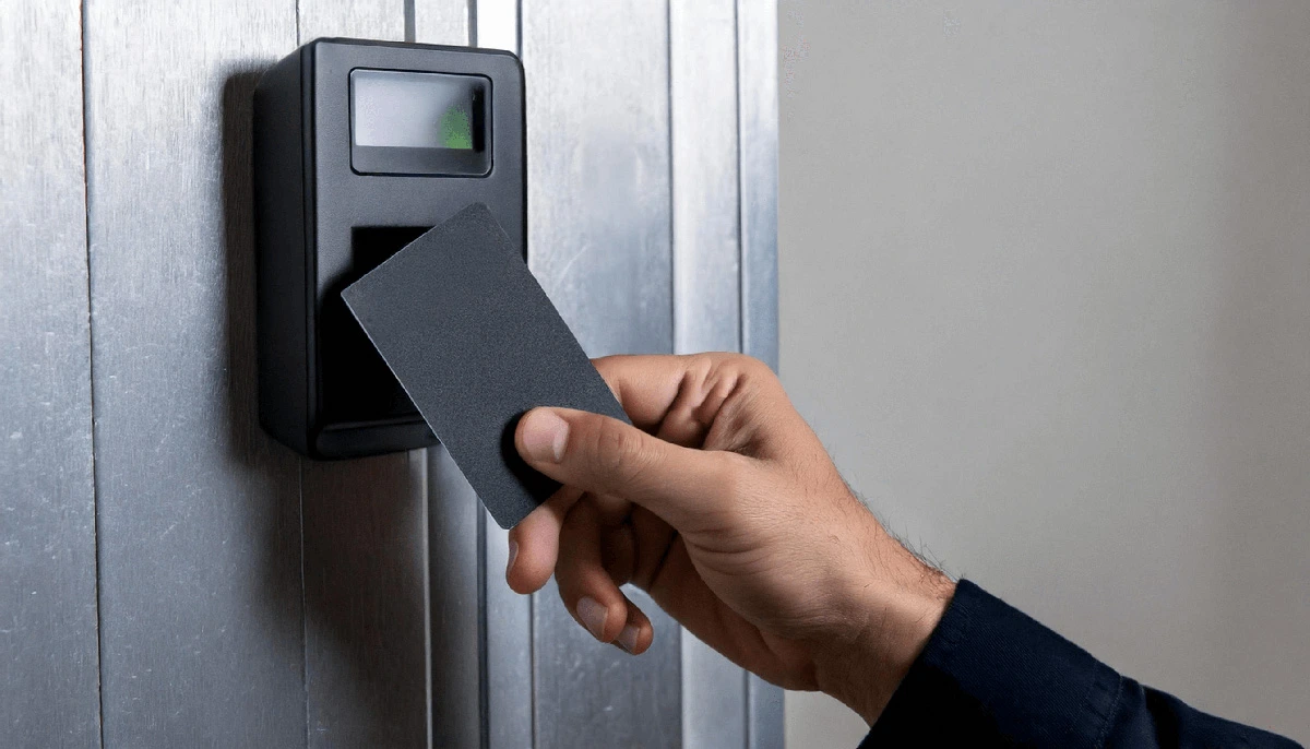 Black keycard being scanned on a door