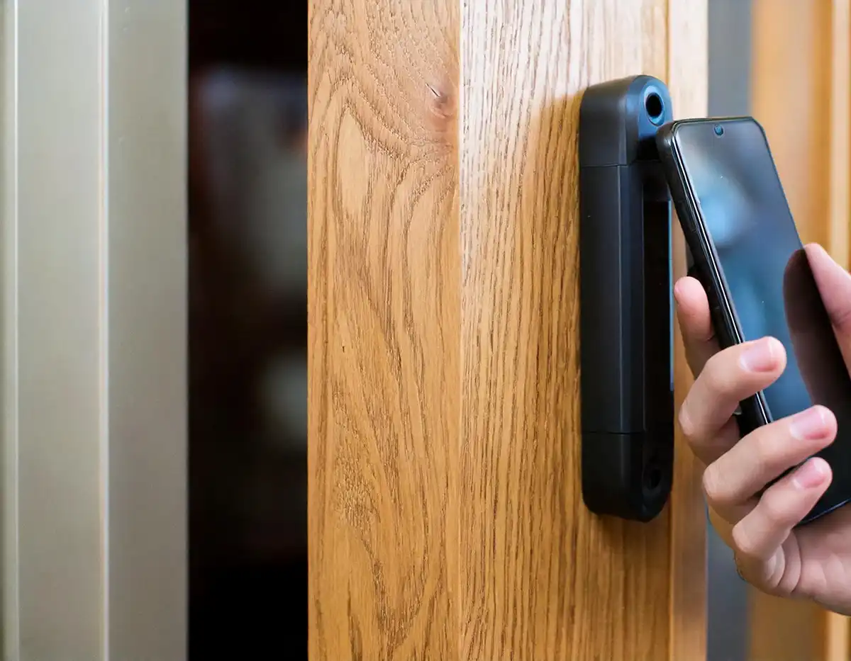 Mobile Access Control Scanned on wooden door