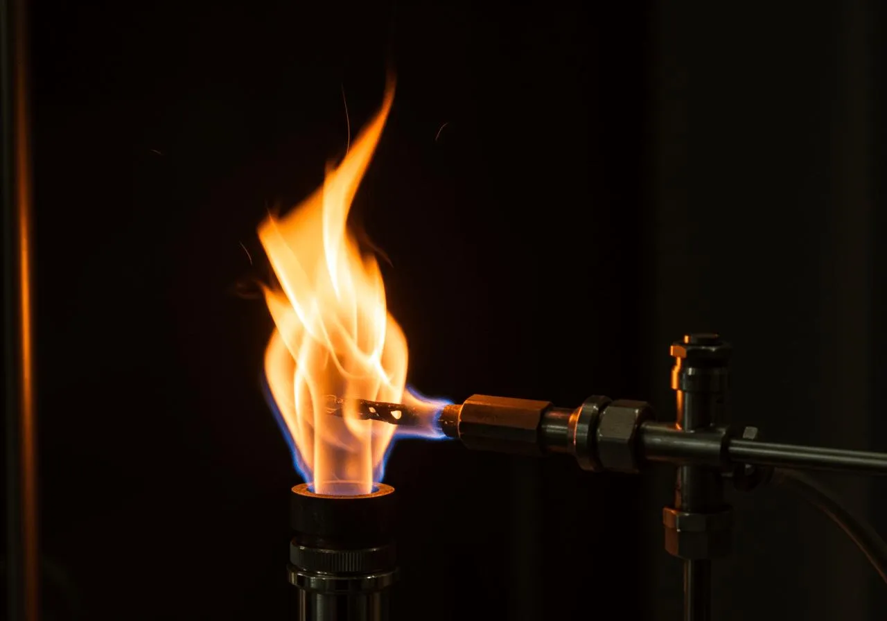 A close-up view of a controlled flame from a gas nozzle, used to demonstrate the scientific principles of combustion.