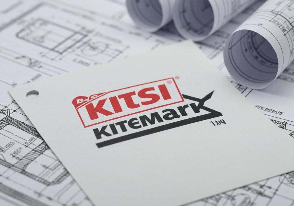 BSI Kitemark certificate displayed alongside architectural blueprints, illustrating the rigorous certification process for building products and materials.