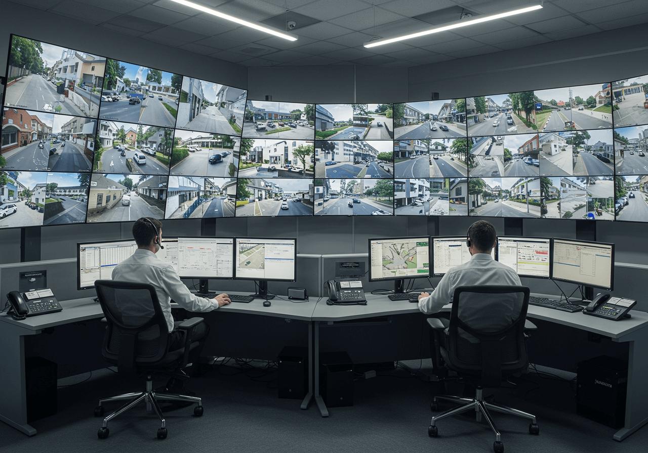 Two individuals are monitoring the alarm system inside the alarm receiving centre.