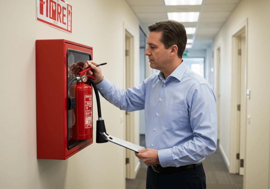 Man in a blue shirt inspecting a fire extinguisher mounted in a red cabinet on an office hallway wall, holding a clipboard.