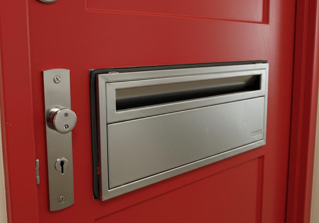Close-up of a metal letterbox installed in a solid red fire door, showing appropriate hardware for fire safety.