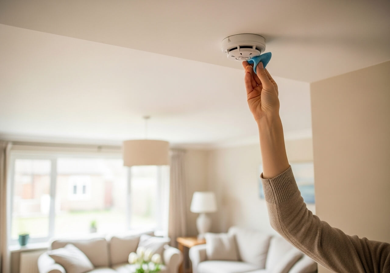 Installation and activation of fire alarm on the ceiling.