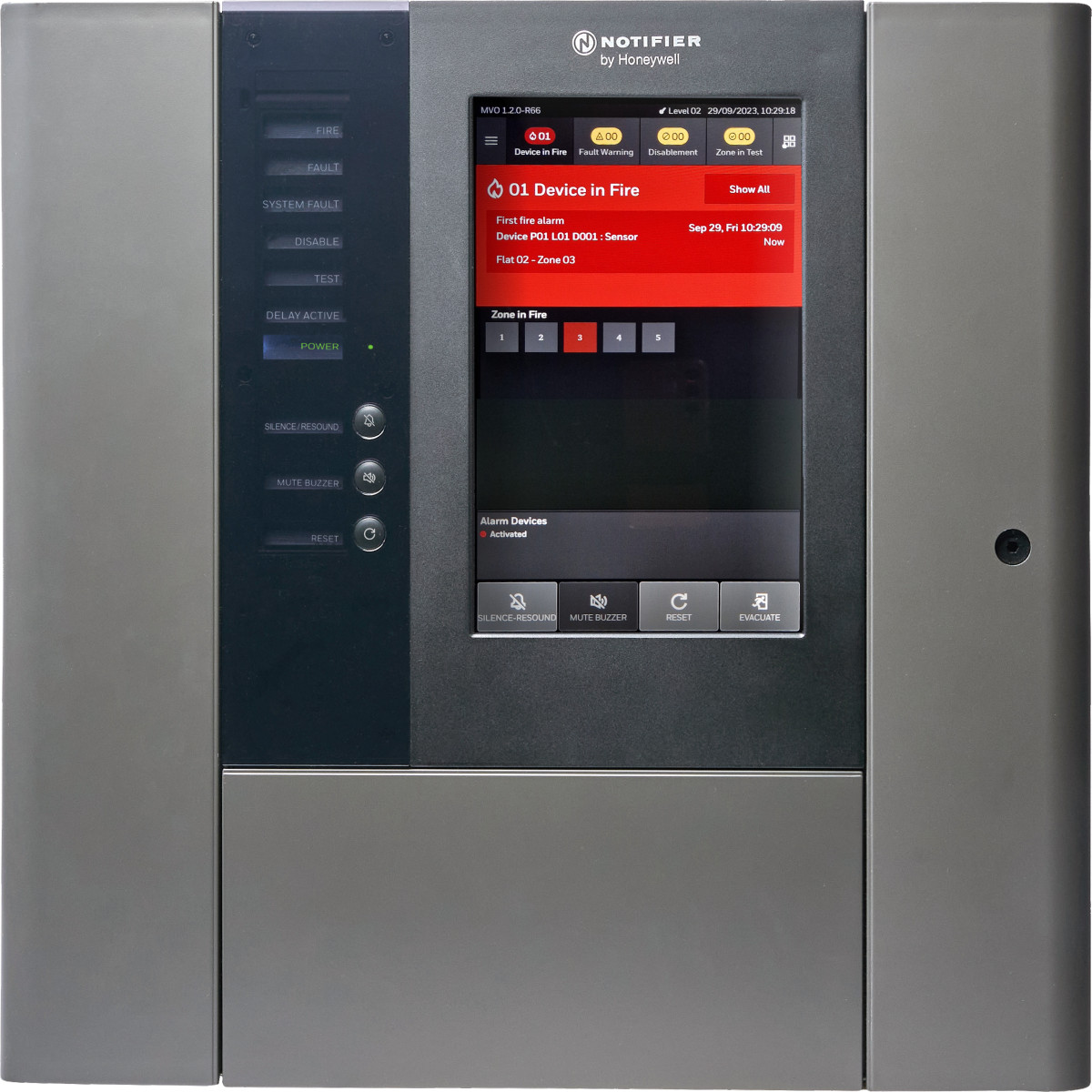 NOTIFIER INSPIRE E10 fire alarm control panel — front face close-up showing 10 inch touchscreen display