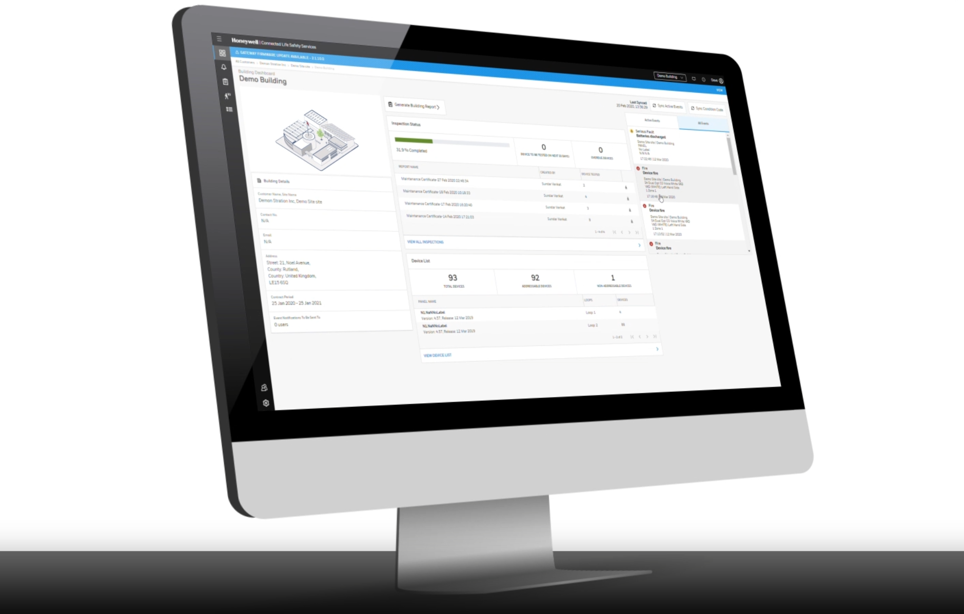Honeywell CLSS Connected Life Safety Services cloud monitoring dashboard on mobile and desktop